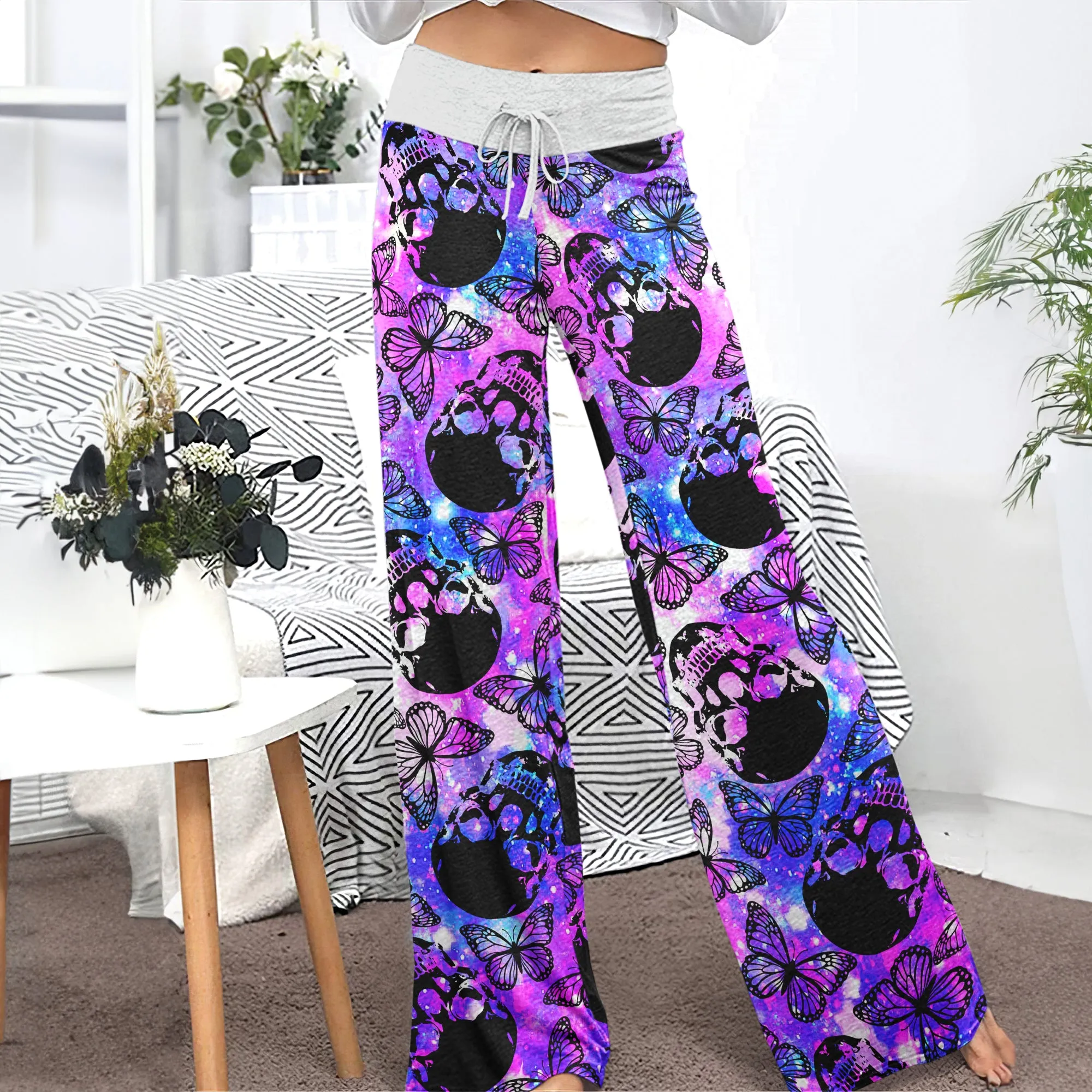 Purple Smoke Skull Butterfly Women's High-waisted Wide Leg Pants