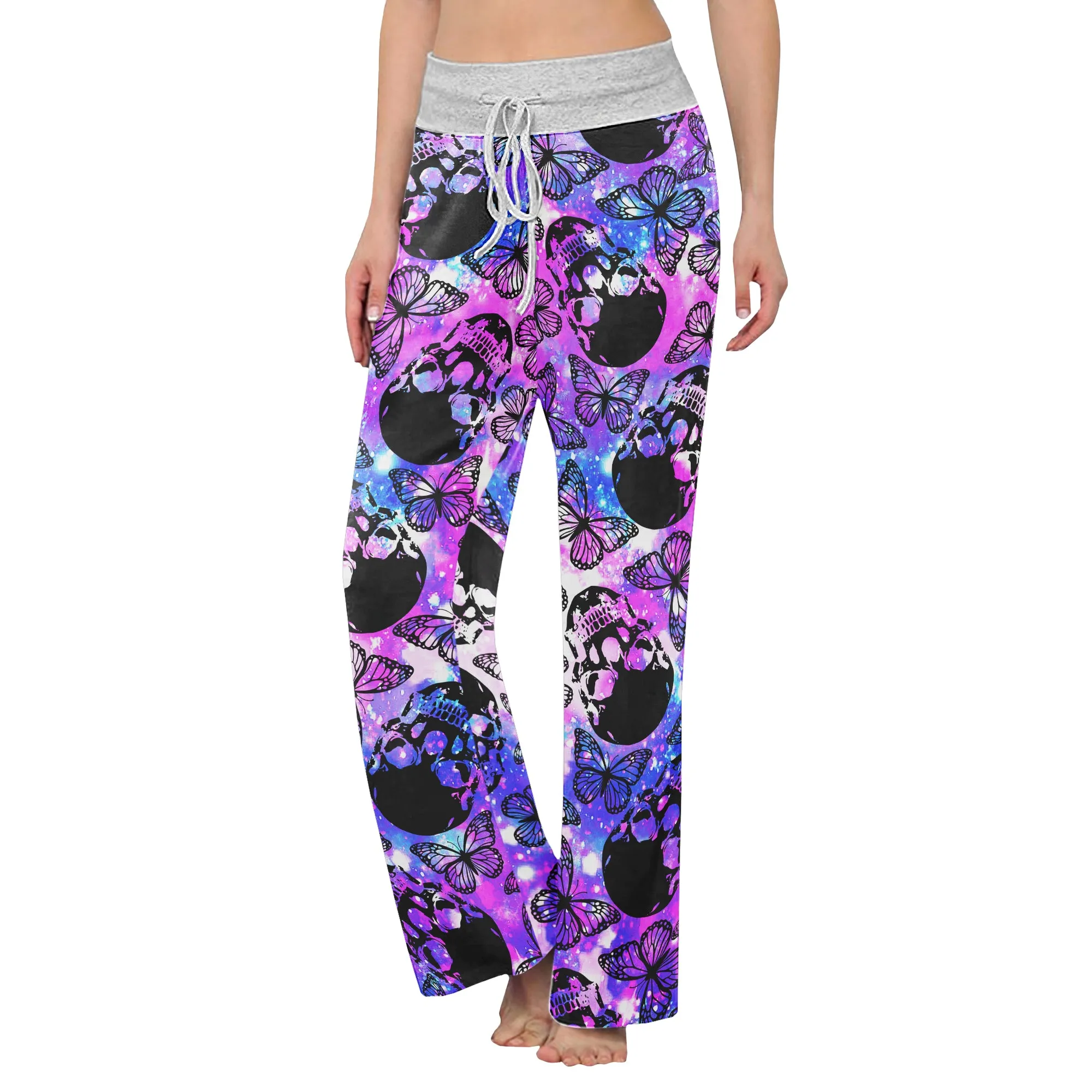 Purple Smoke Skull Butterfly Women's High-waisted Wide Leg Pants