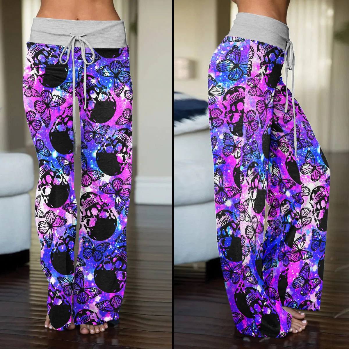 Purple Smoke Skull Butterfly Women's High-waisted Wide Leg Pants