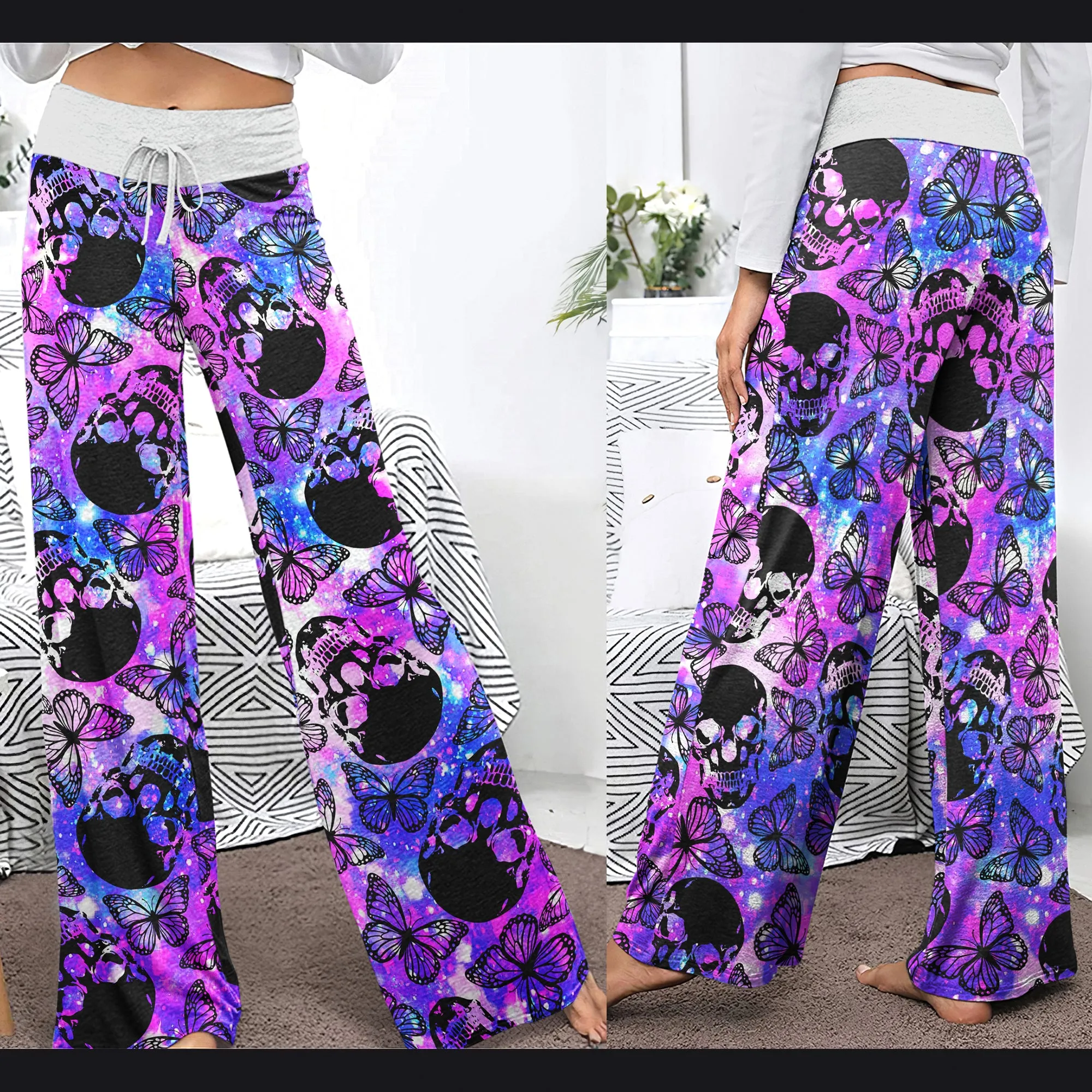 Purple Smoke Skull Butterfly Women's High-waisted Wide Leg Pants