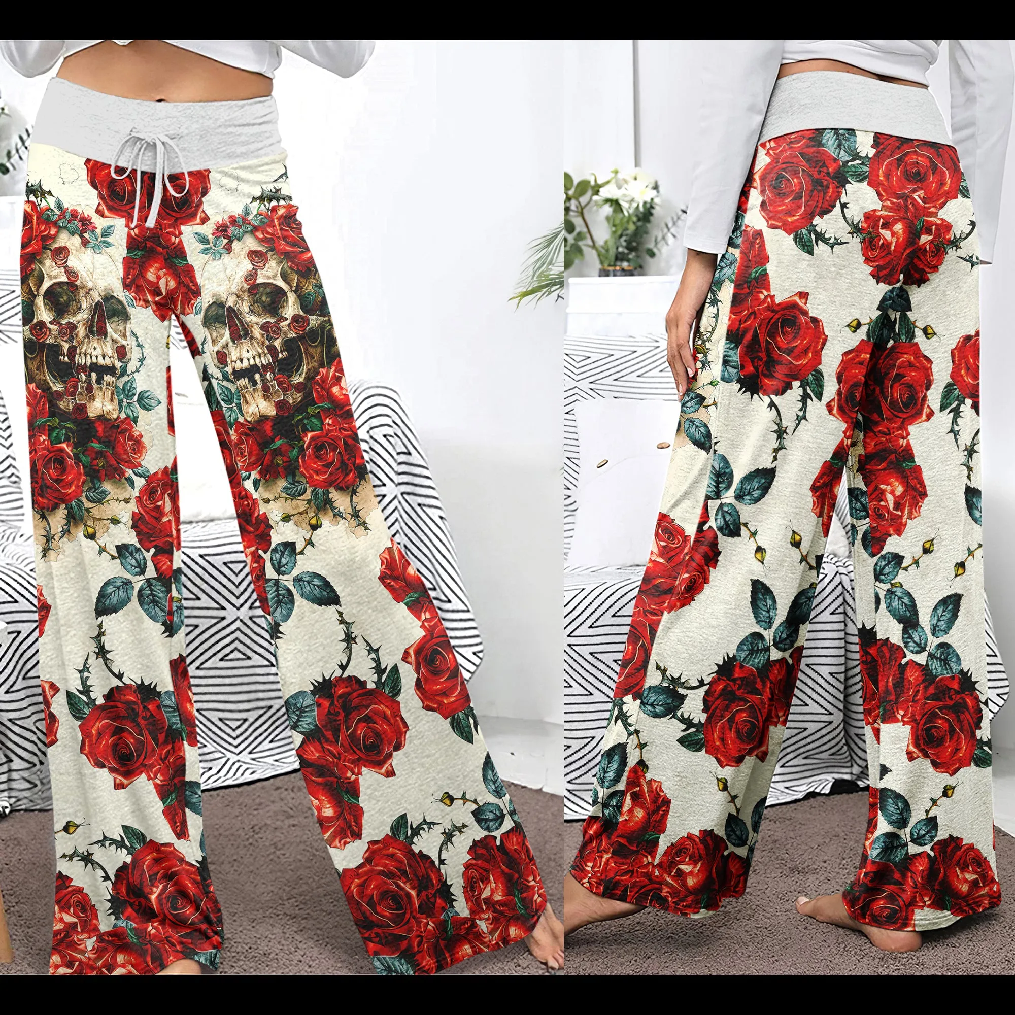 Retro Skull Roses Women's High-waisted Wide Leg Pants