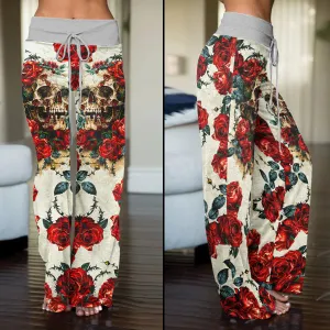 Retro Skull Roses Women's High-waisted Wide Leg Pants