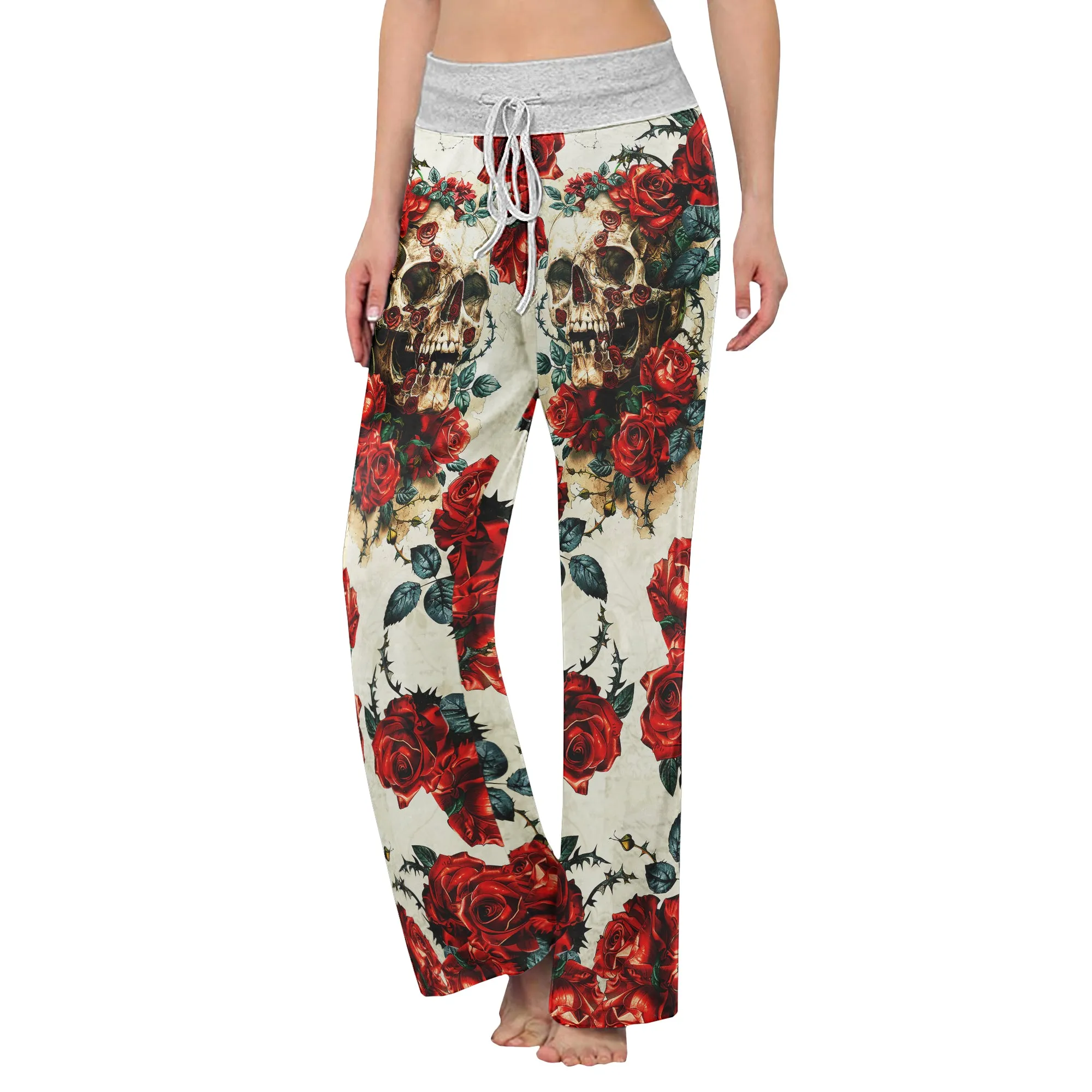 Retro Skull Roses Women's High-waisted Wide Leg Pants