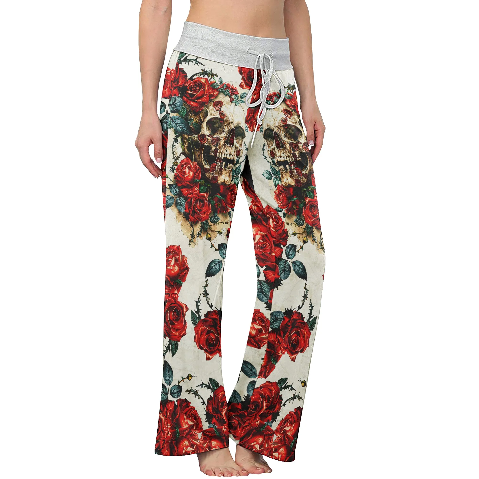 Retro Skull Roses Women's High-waisted Wide Leg Pants