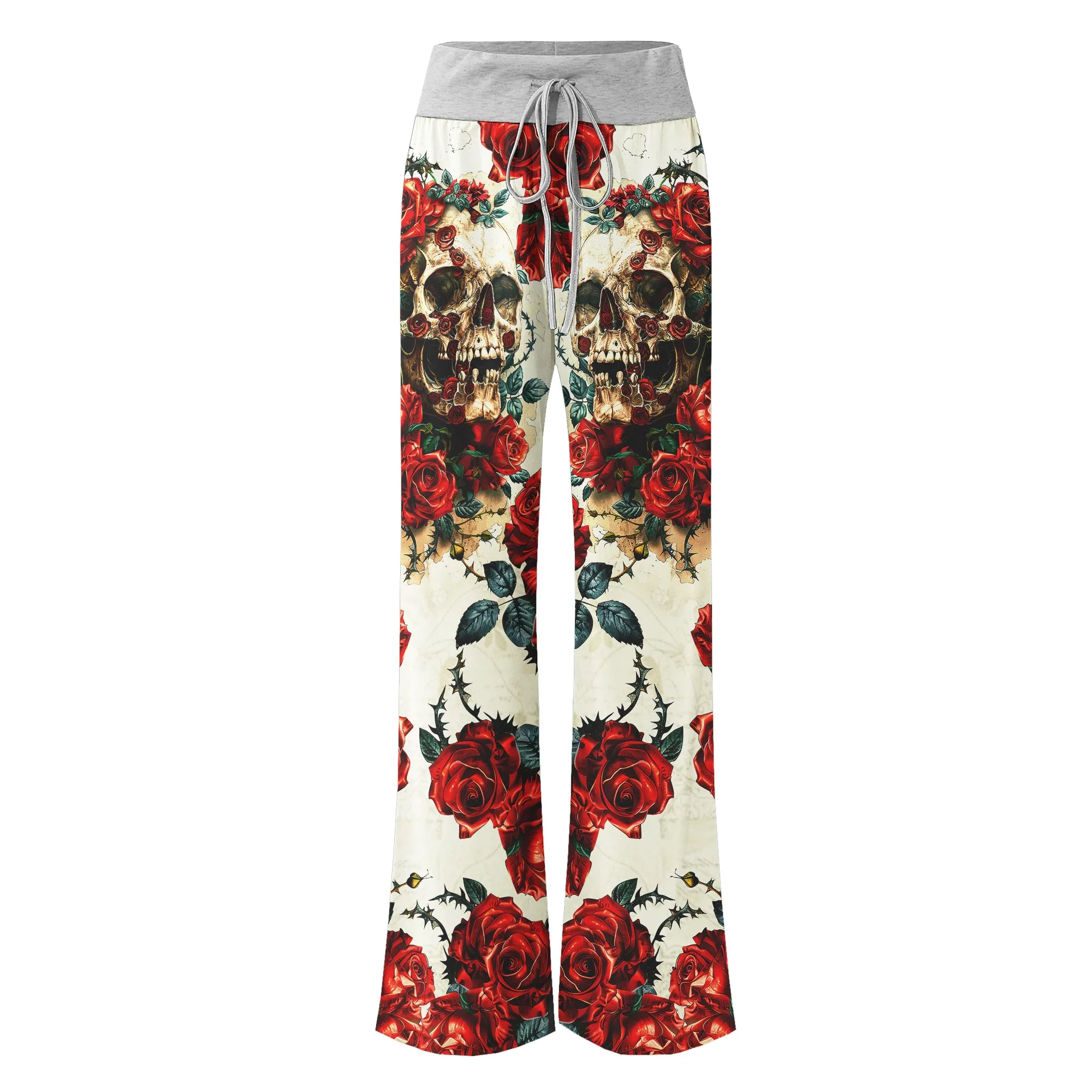 Retro Skull Roses Women's High-waisted Wide Leg Pants