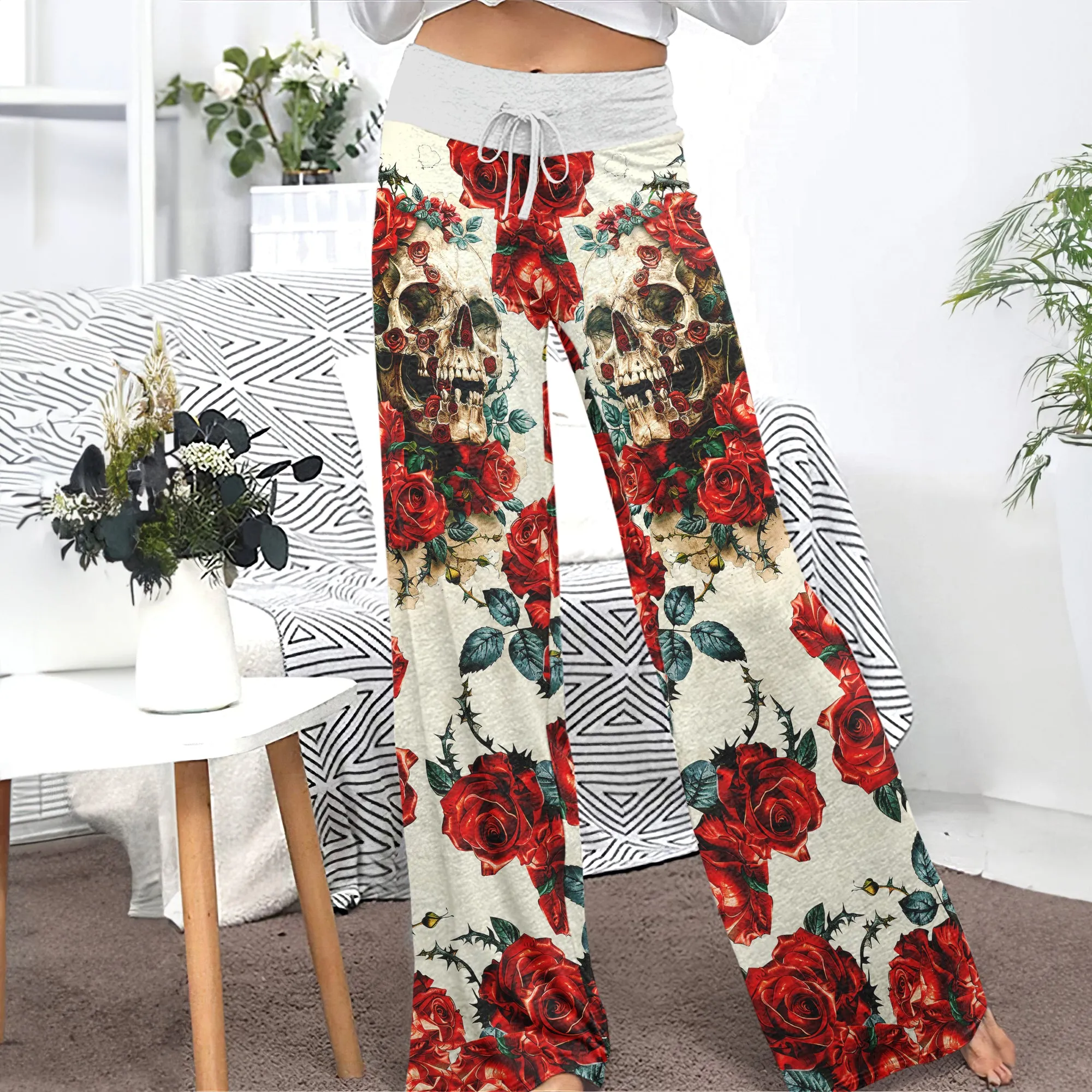 Retro Skull Roses Women's High-waisted Wide Leg Pants