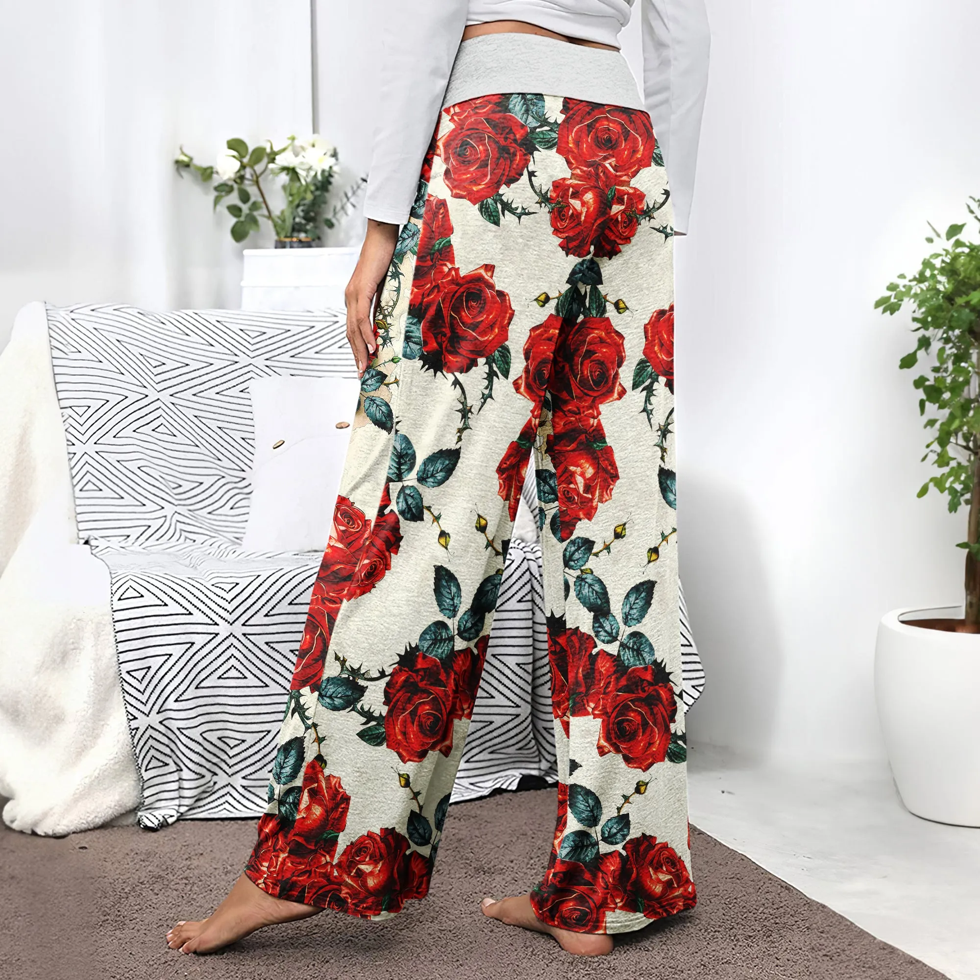 Retro Skull Roses Women's High-waisted Wide Leg Pants