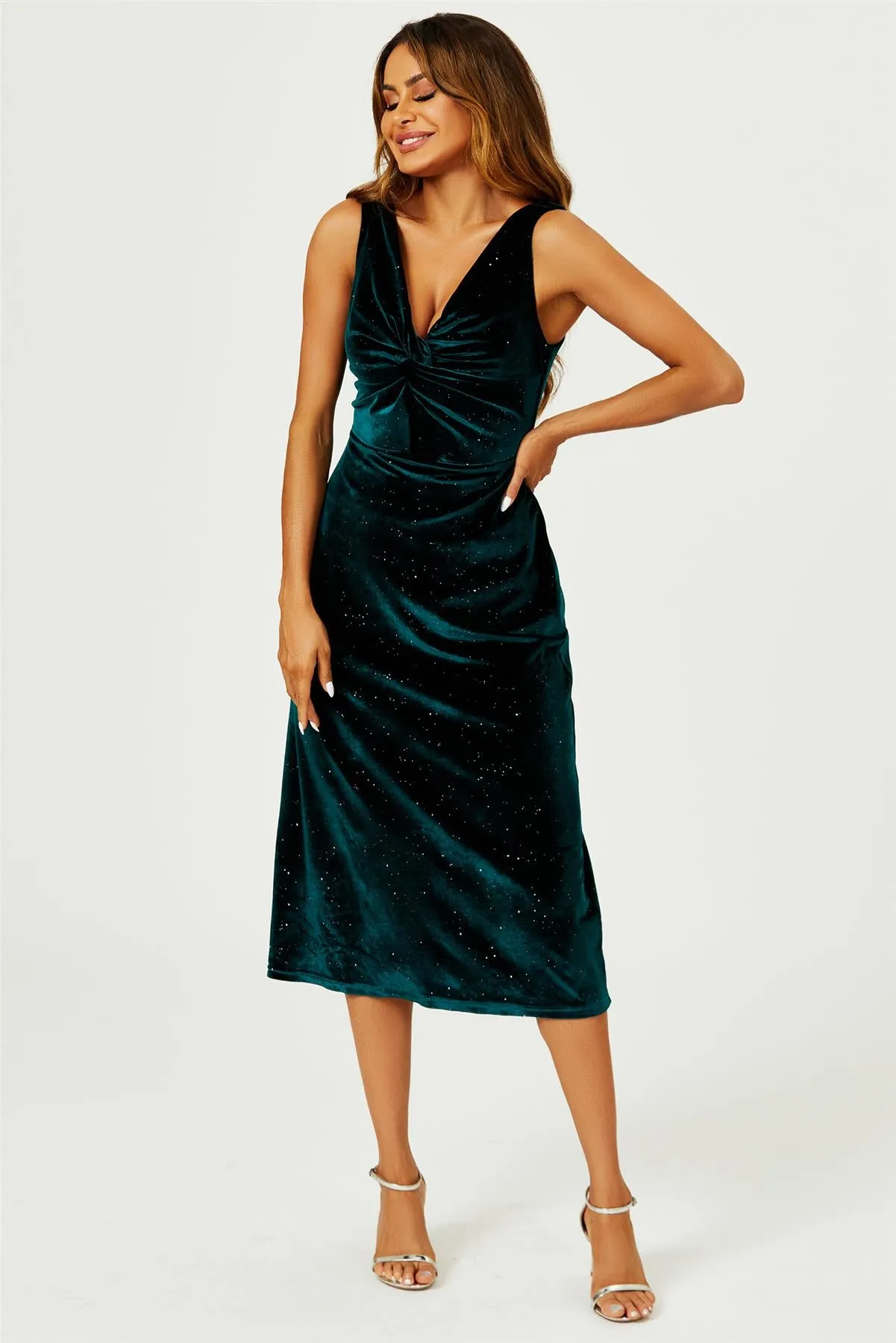 Silver Sparkly Velvet Knot Front Midi Dress In Green
