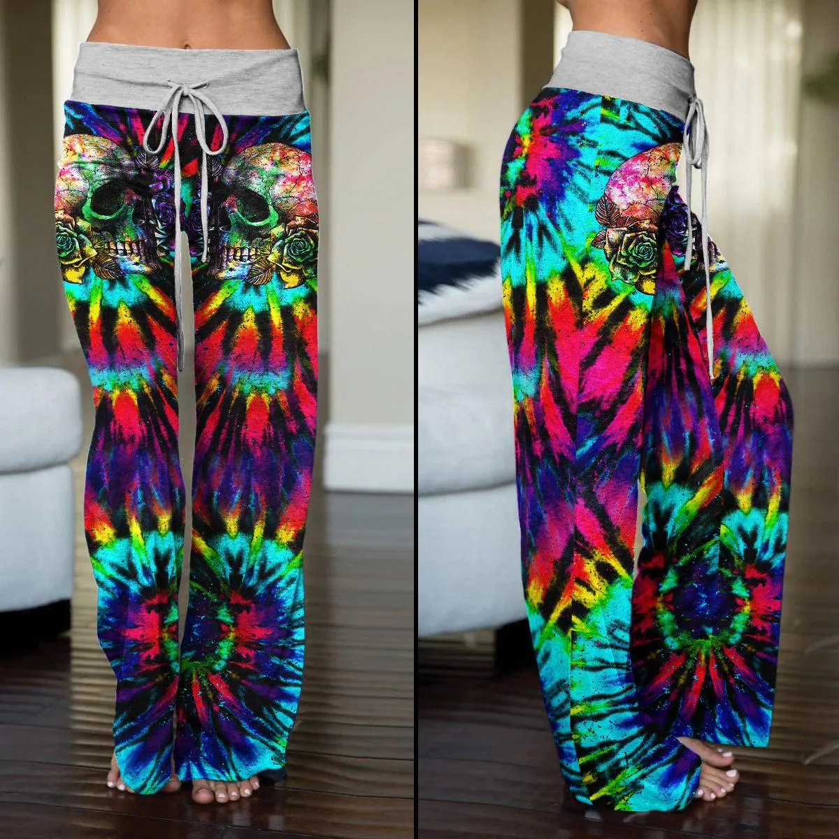 Solid Tiedye Skull High-waisted Wide Leg Pants