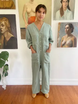 TUCK JADE LINEN COVERALL