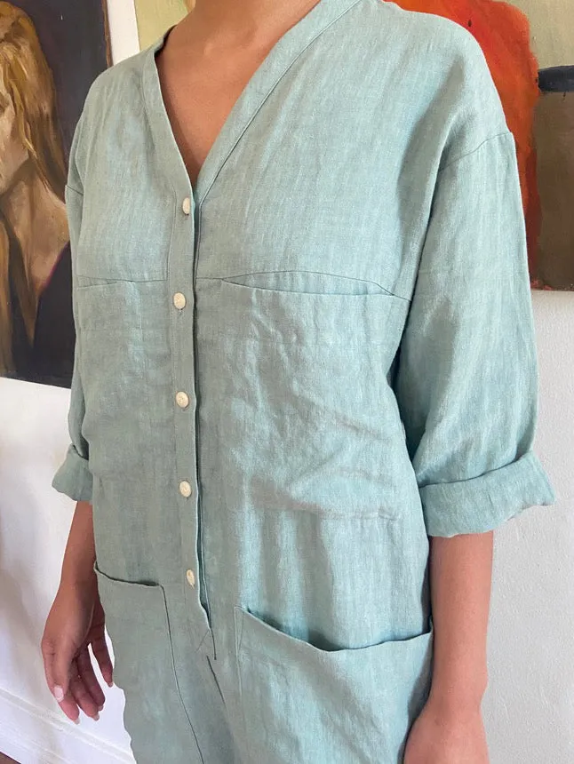 TUCK JADE LINEN COVERALL