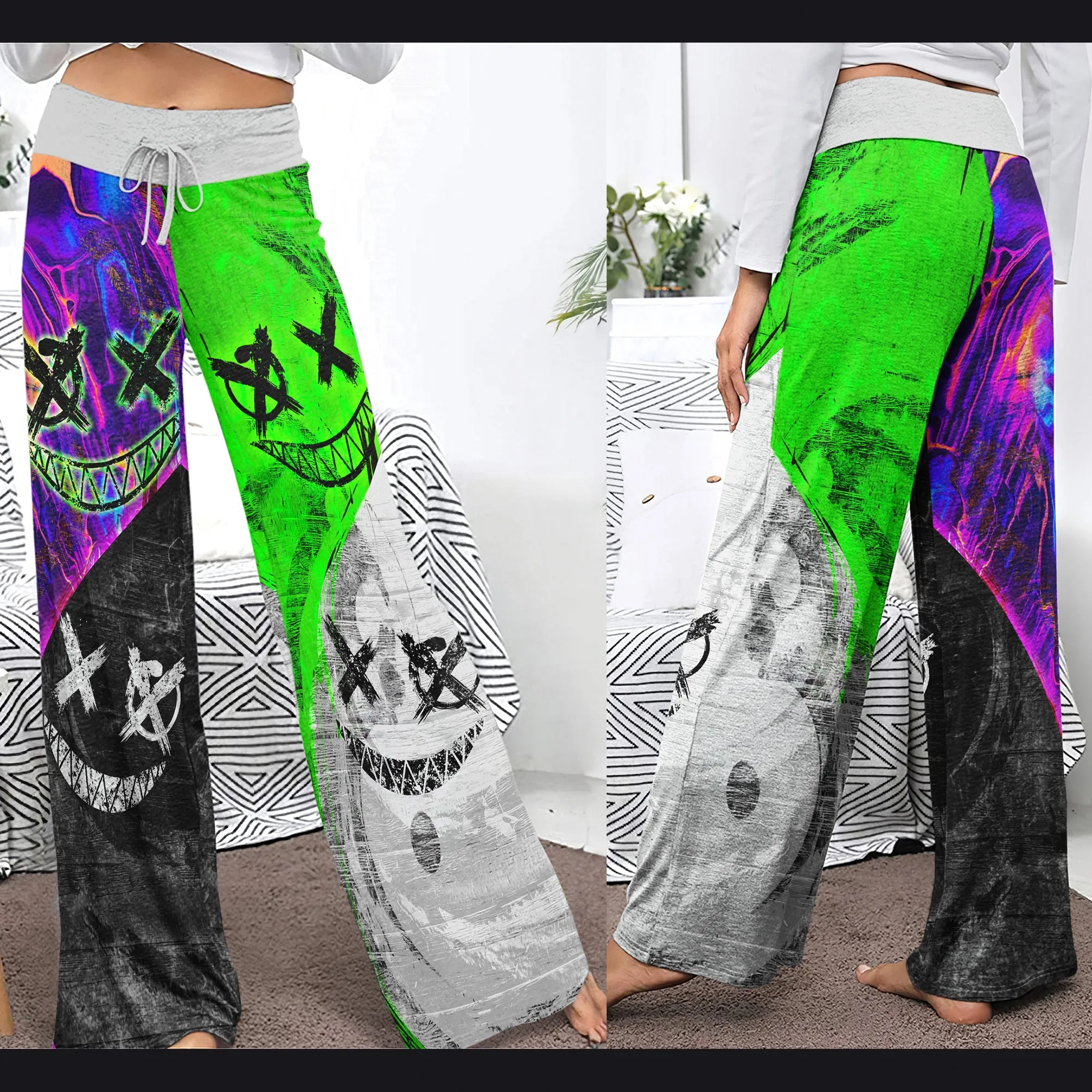 Two Block Color Emo Women's High-waisted Wide Leg Pants
