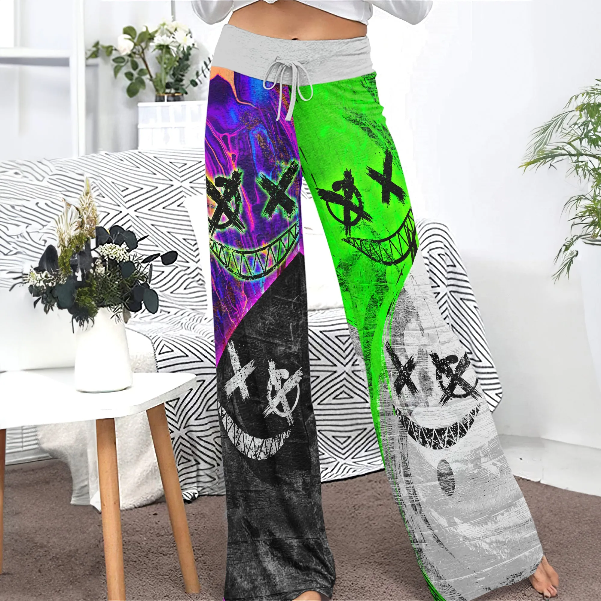 Two Block Color Emo Women's High-waisted Wide Leg Pants