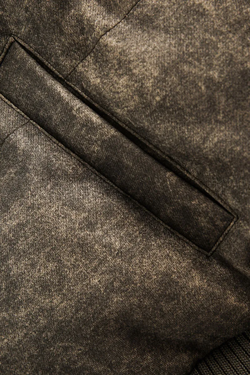 Vintage Faux Leather Funnel-Neck Puffer Bomber Jacket