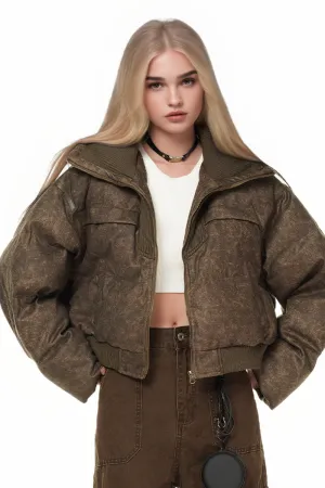 Vintage Faux Leather Funnel-Neck Puffer Bomber Jacket