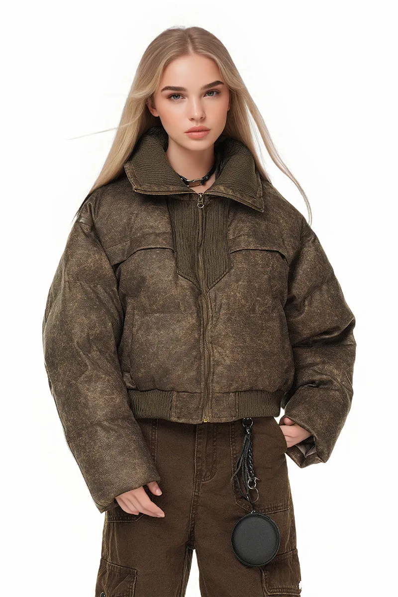 Vintage Faux Leather Funnel-Neck Puffer Bomber Jacket