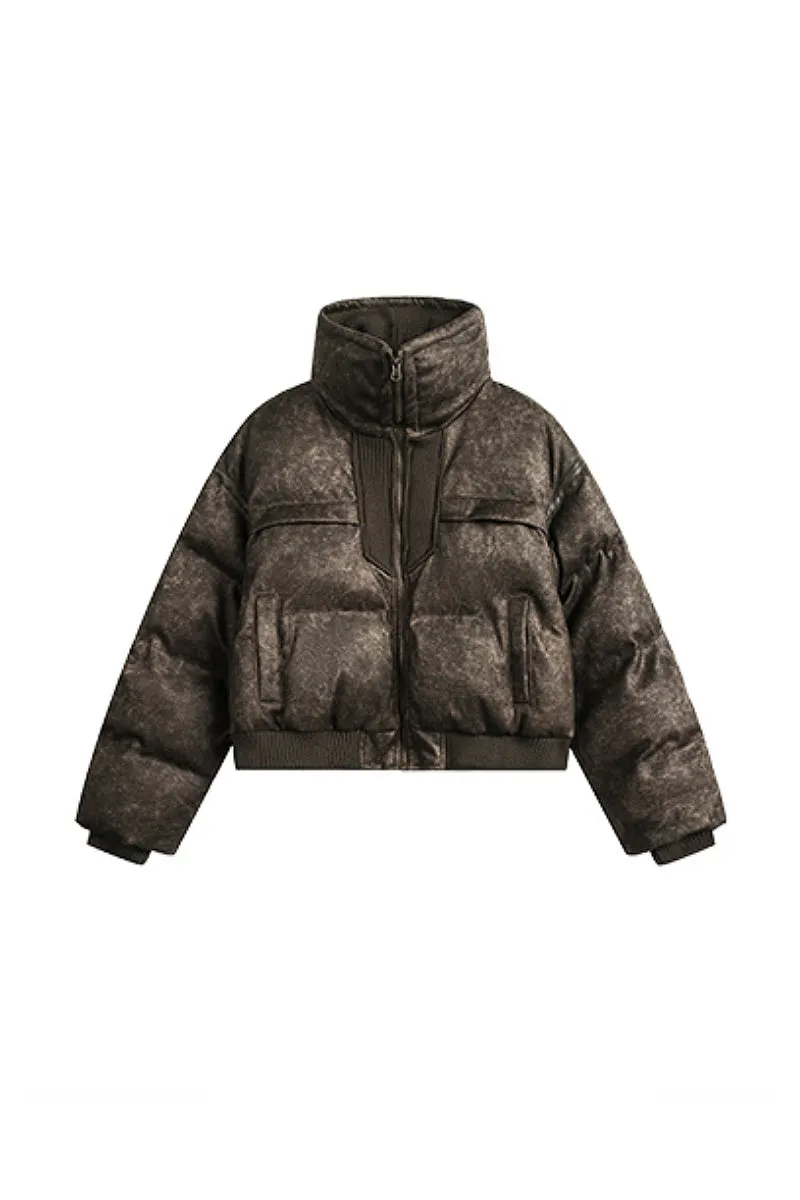 Vintage Faux Leather Funnel-Neck Puffer Bomber Jacket