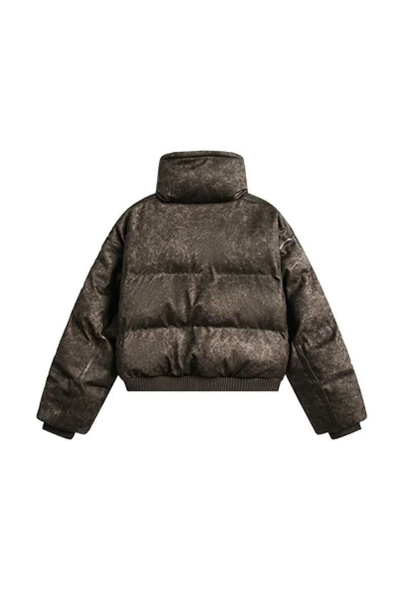 Vintage Faux Leather Funnel-Neck Puffer Bomber Jacket