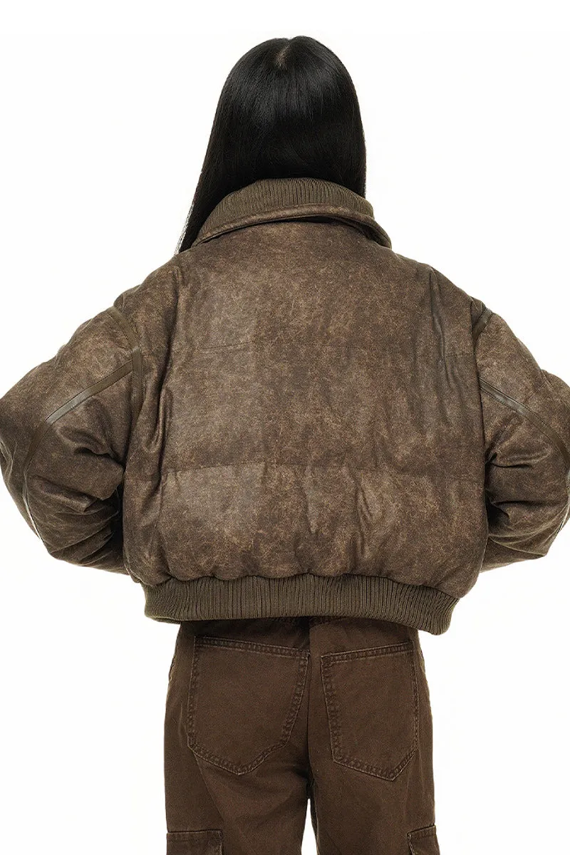 Vintage Faux Leather Funnel-Neck Puffer Bomber Jacket