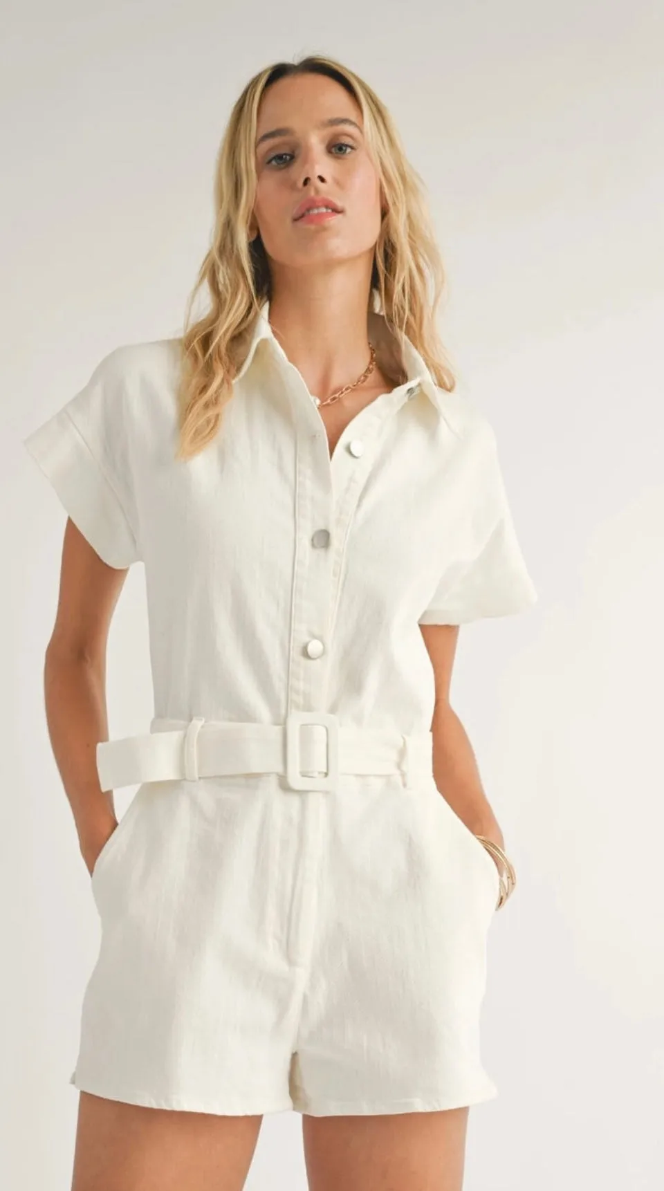 White Denim Belted Romper