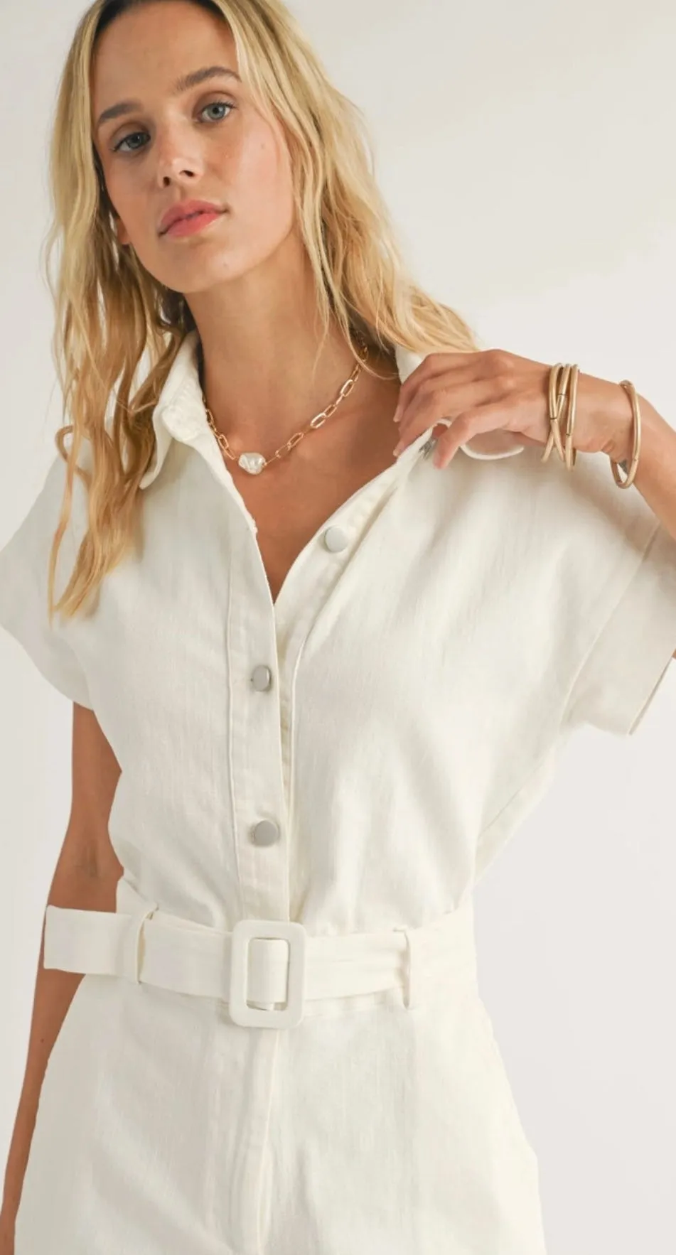 White Denim Belted Romper