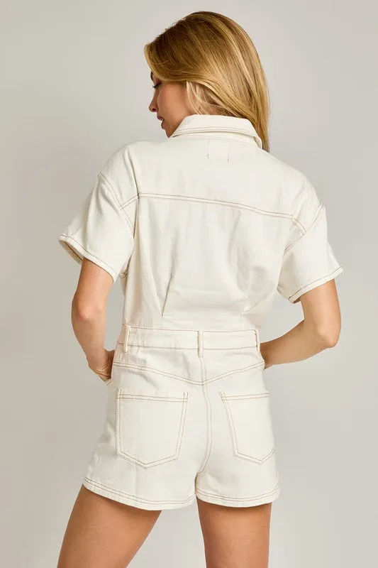 White Stripe Short Sleeve Denim Romper