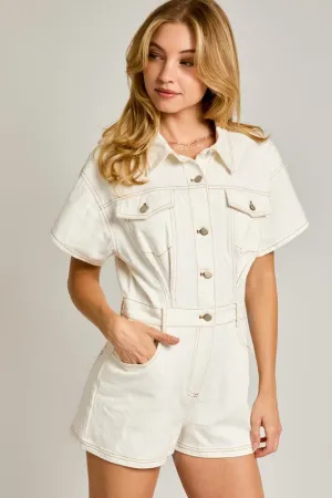 White Stripe Short Sleeve Denim Romper