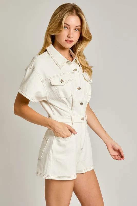 White Stripe Short Sleeve Denim Romper