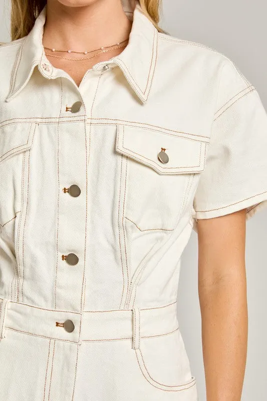 White Stripe Short Sleeve Denim Romper