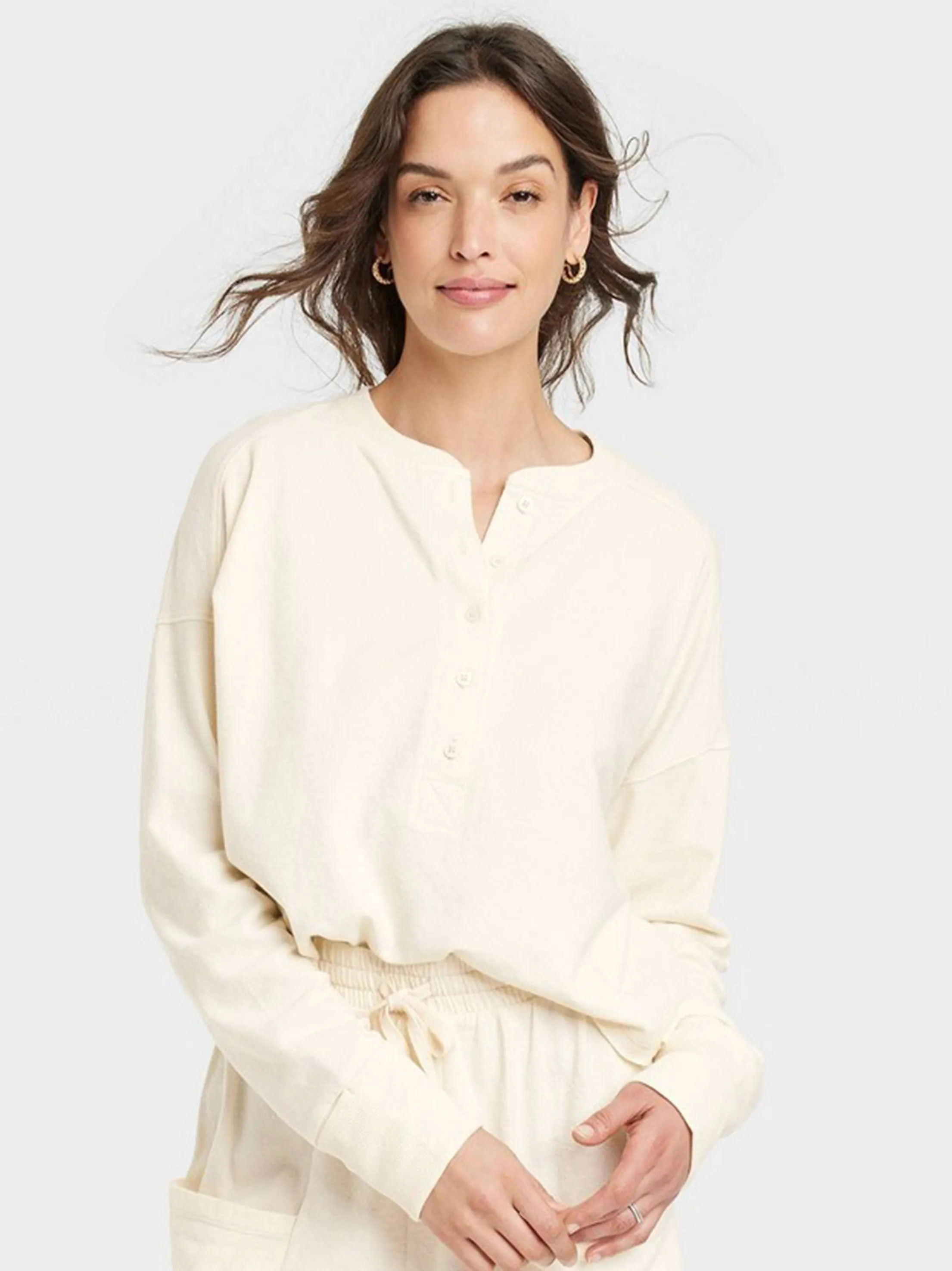 Women's Long Sleeve Cropped Button Shirt,Off White